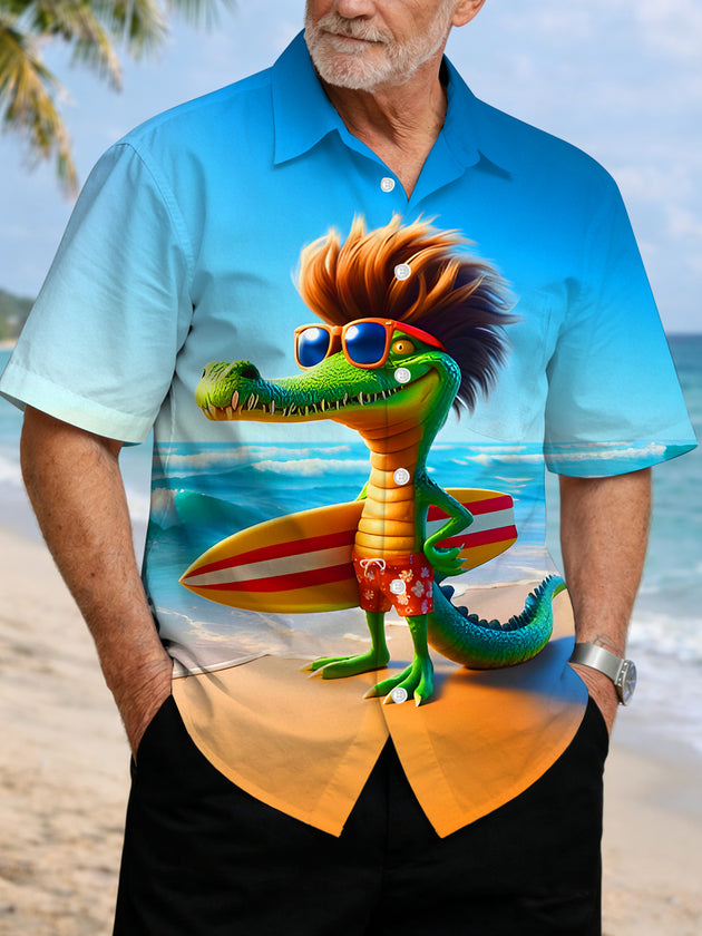 Men's short sleeve Hawaiian shirt front view for tropical beach vacation