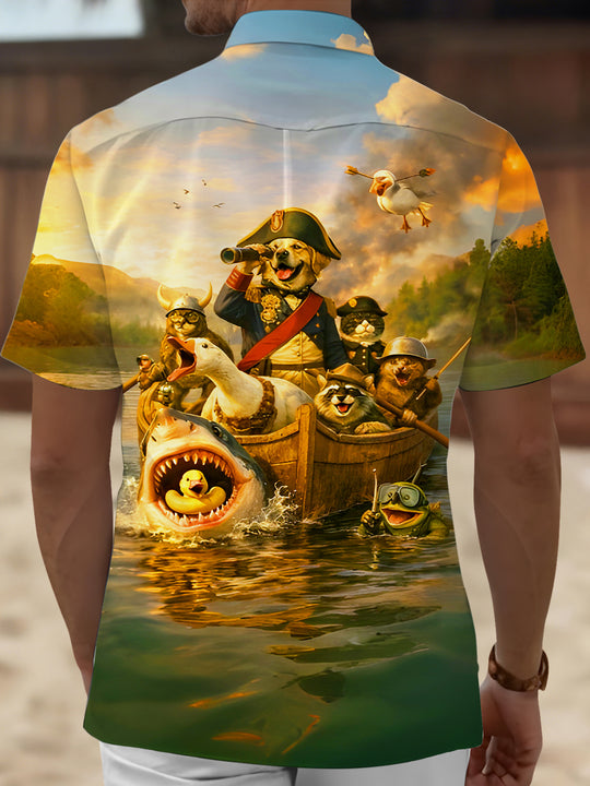 men's short sleeve shirt back view with pirate fleet pattern