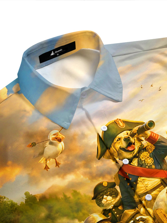 Men's animal pirate fleet print half sleeve pocket shirt side view
