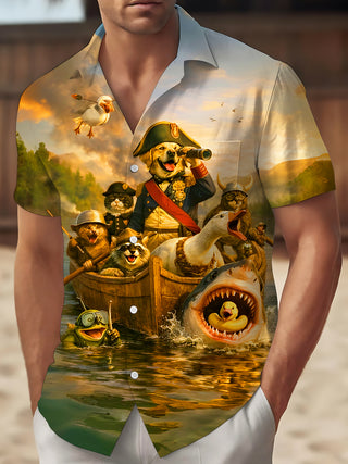 Men's animal pirate fleet adventure print short sleeve shirt front view