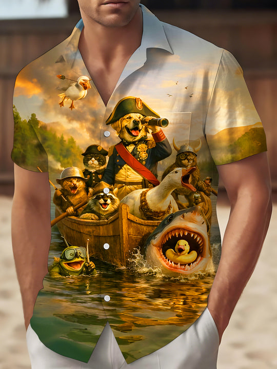 Men's animal pirate fleet adventure print short sleeve shirt front view
