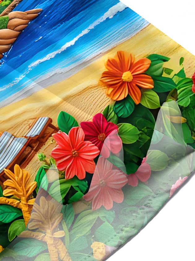 Men's Hawaiian oil painting floral short sleeve shirt at coastal resort, vacation resort wear