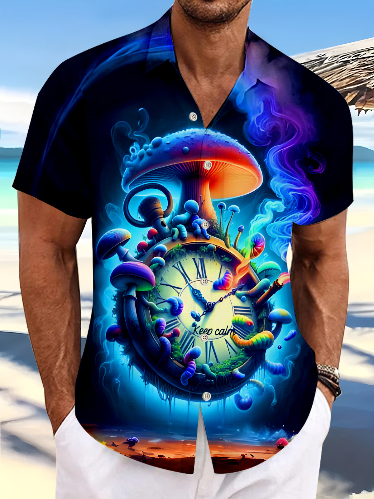 men's fantasy mushroom clock secret realm short sleeve shirt front view