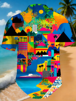 Men's colorful Hawaiian geometric landscape print short sleeve shirt back view