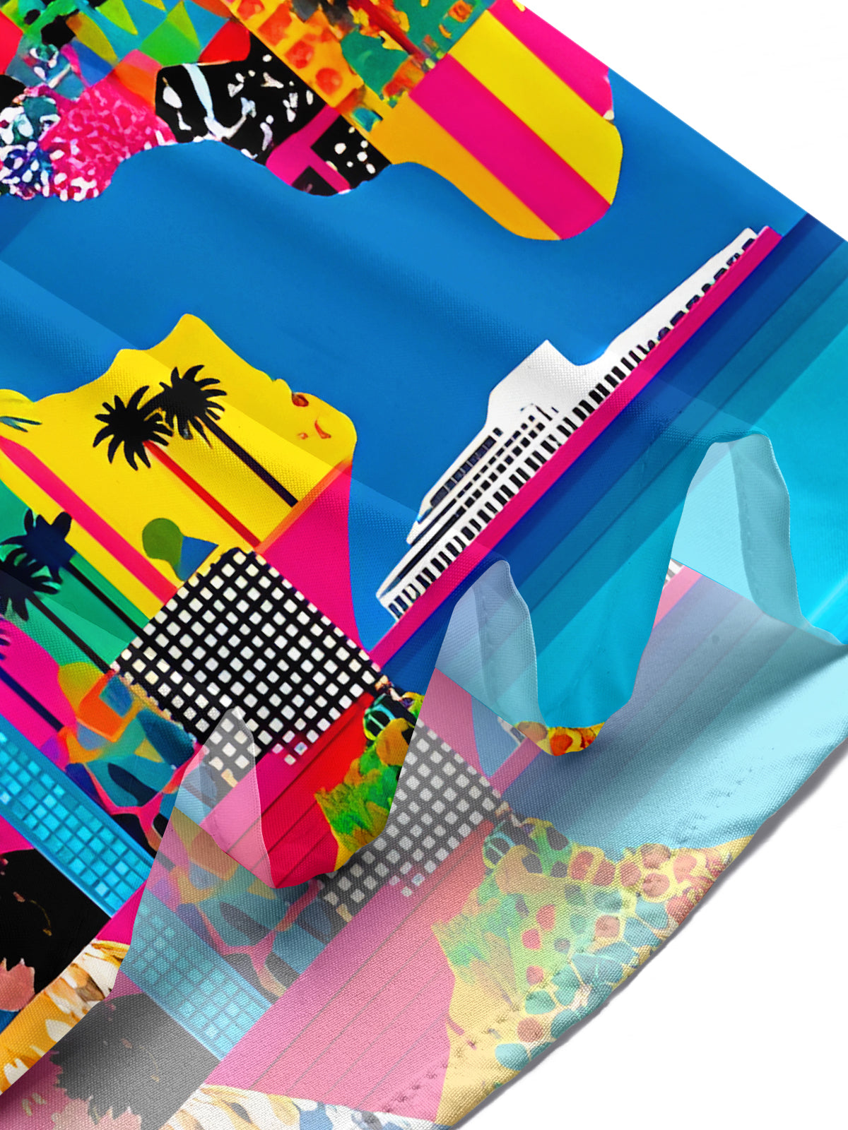 Men's multicolor Hawaiian geometric landscape print pocket short sleeve shirt front view tropical beach vacation