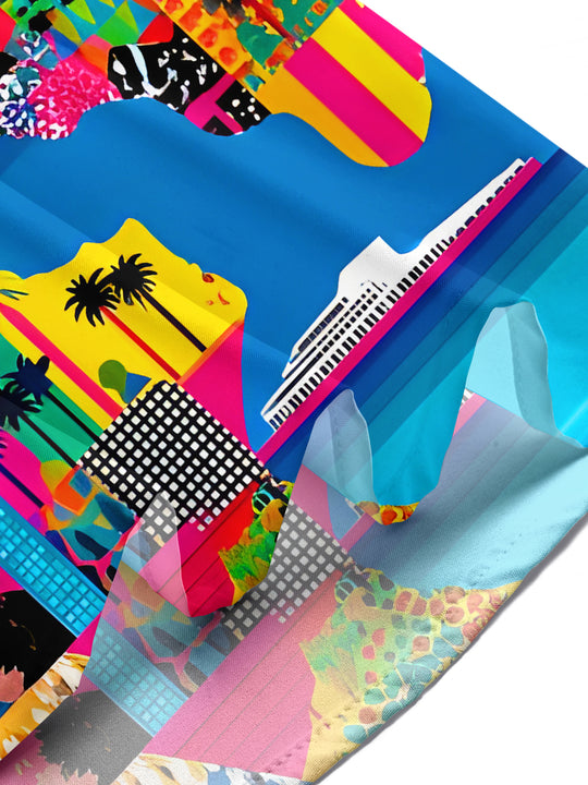 Men's multicolor Hawaiian geometric landscape print pocket short sleeve shirt front view tropical beach vacation