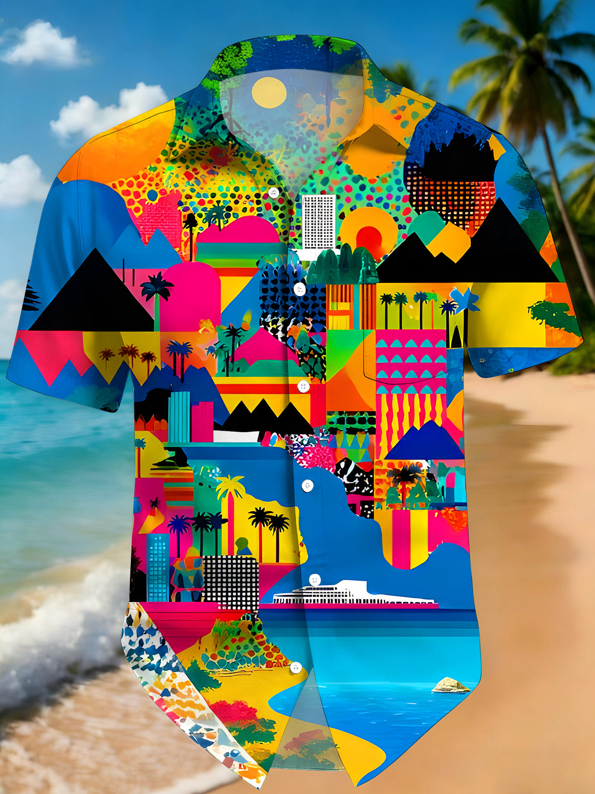 men's colorful Hawaiian shirt front view tropical beach vacation