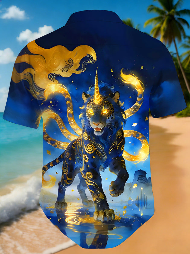 Men's blue gold divine tiger back view short sleeve shirt
