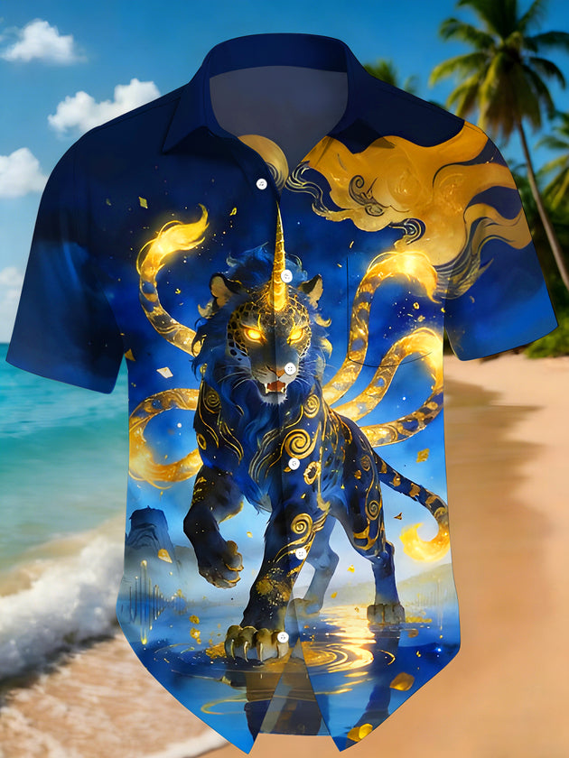 men's blue tiger print shirt front view
