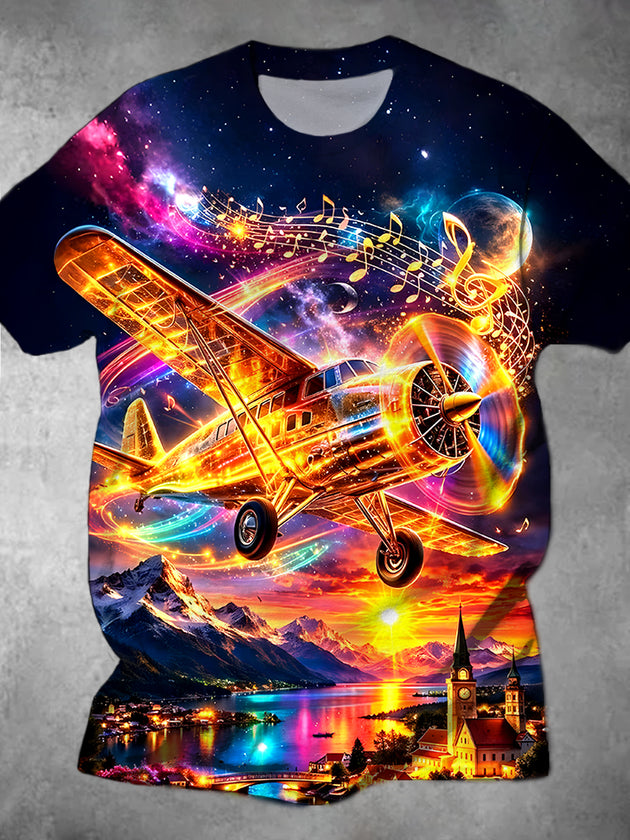 Men's graphic t-shirt with airplane print, short sleeve, front view