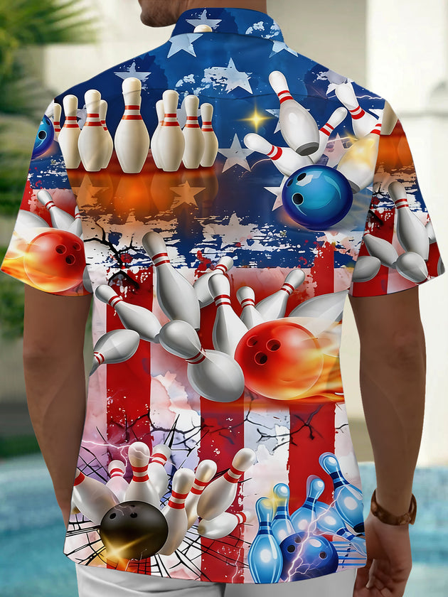 Men's red white and blue American flag bowling print short sleeve shirt back view