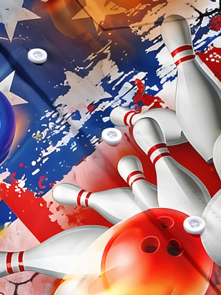 Men's red white and blue American flag bowling print short sleeve shirt flat lay