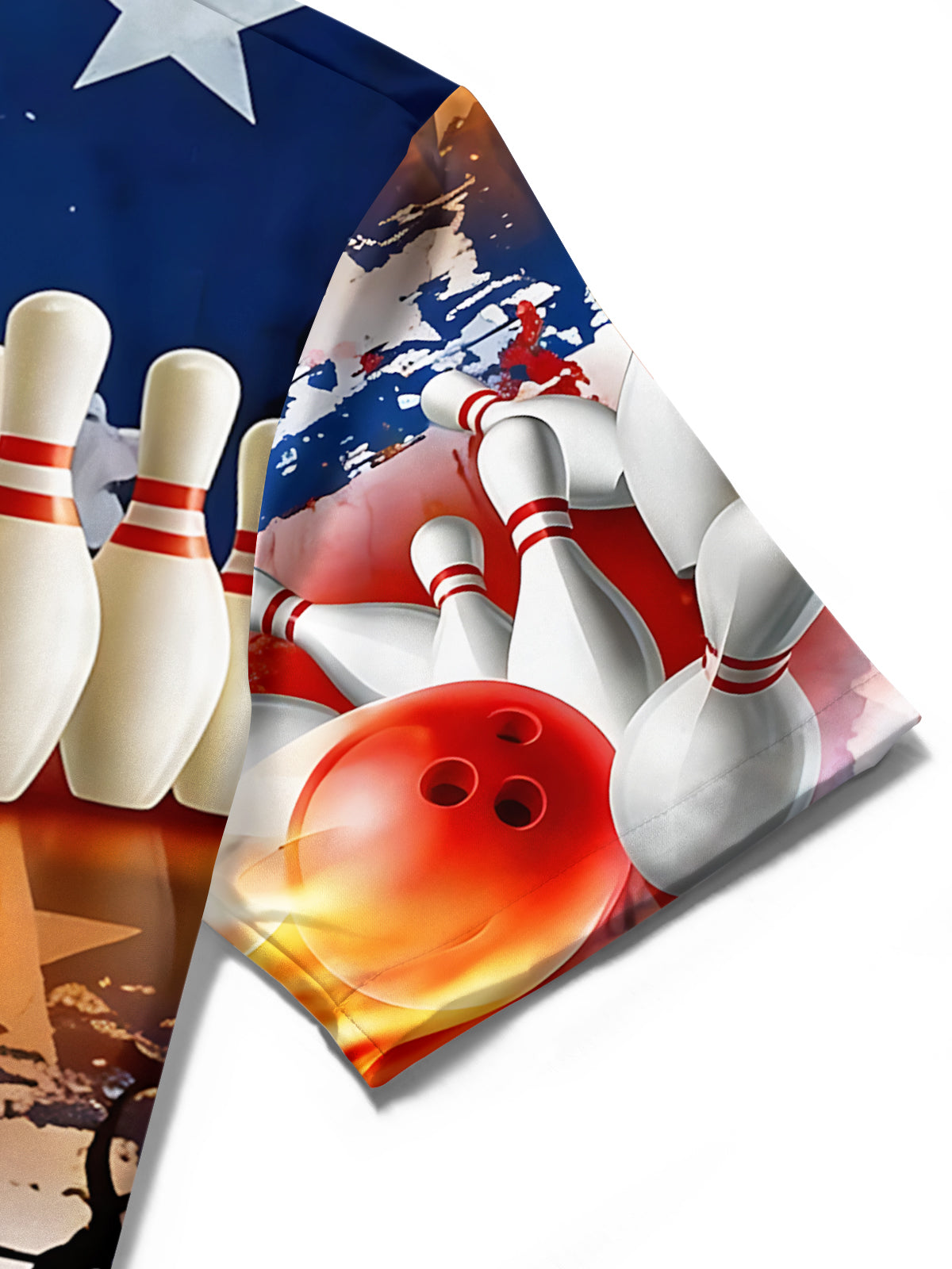 Men's American flag bowling print short sleeve shirt close-up detail view
