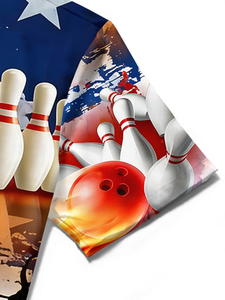 Men's American flag bowling print short sleeve shirt close-up detail view