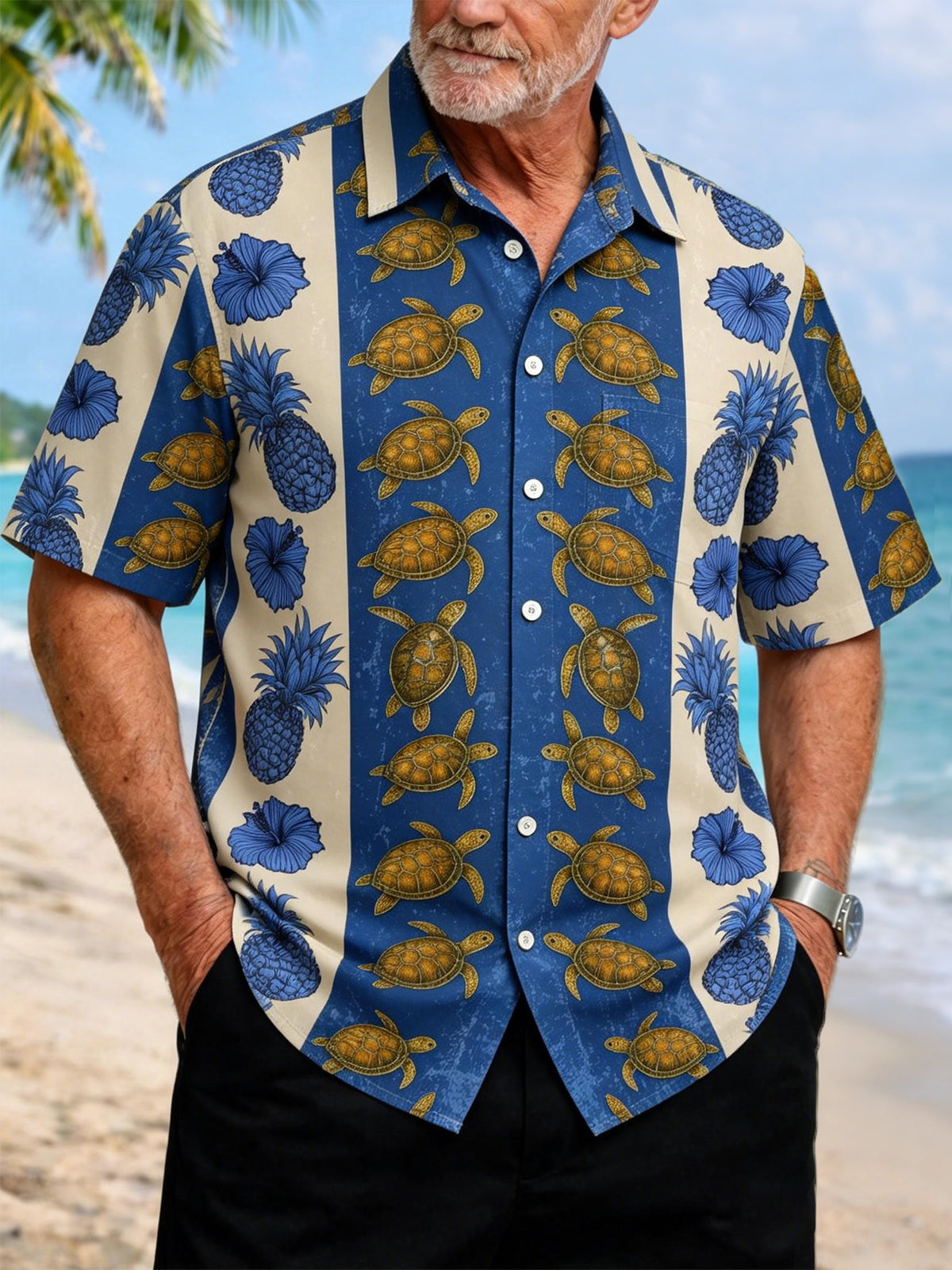 men's Hawaiian shirt front view tropical beach vacation