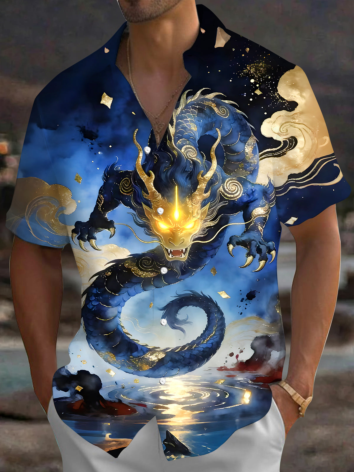 men's dragon print shirt front view