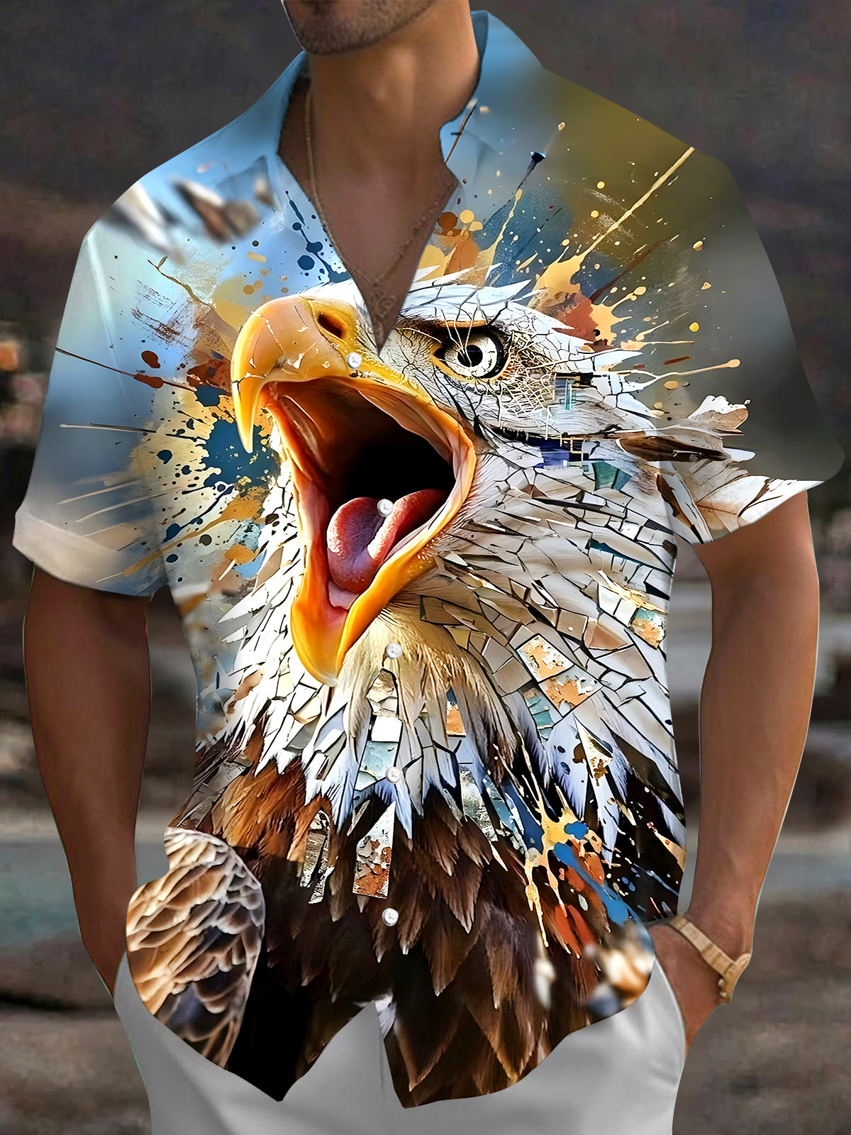 Men's short sleeve eagle print shirt front view for Independence Day