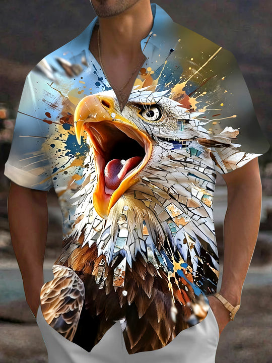 Men's short sleeve eagle print shirt front view for Independence Day