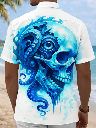 Men's blue Hawaiian watercolor octopus skull print short sleeve shirt back view