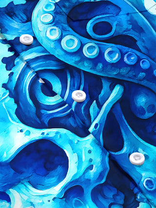 Men's blue Hawaiian octopus skull print short sleeve shirt flat lay