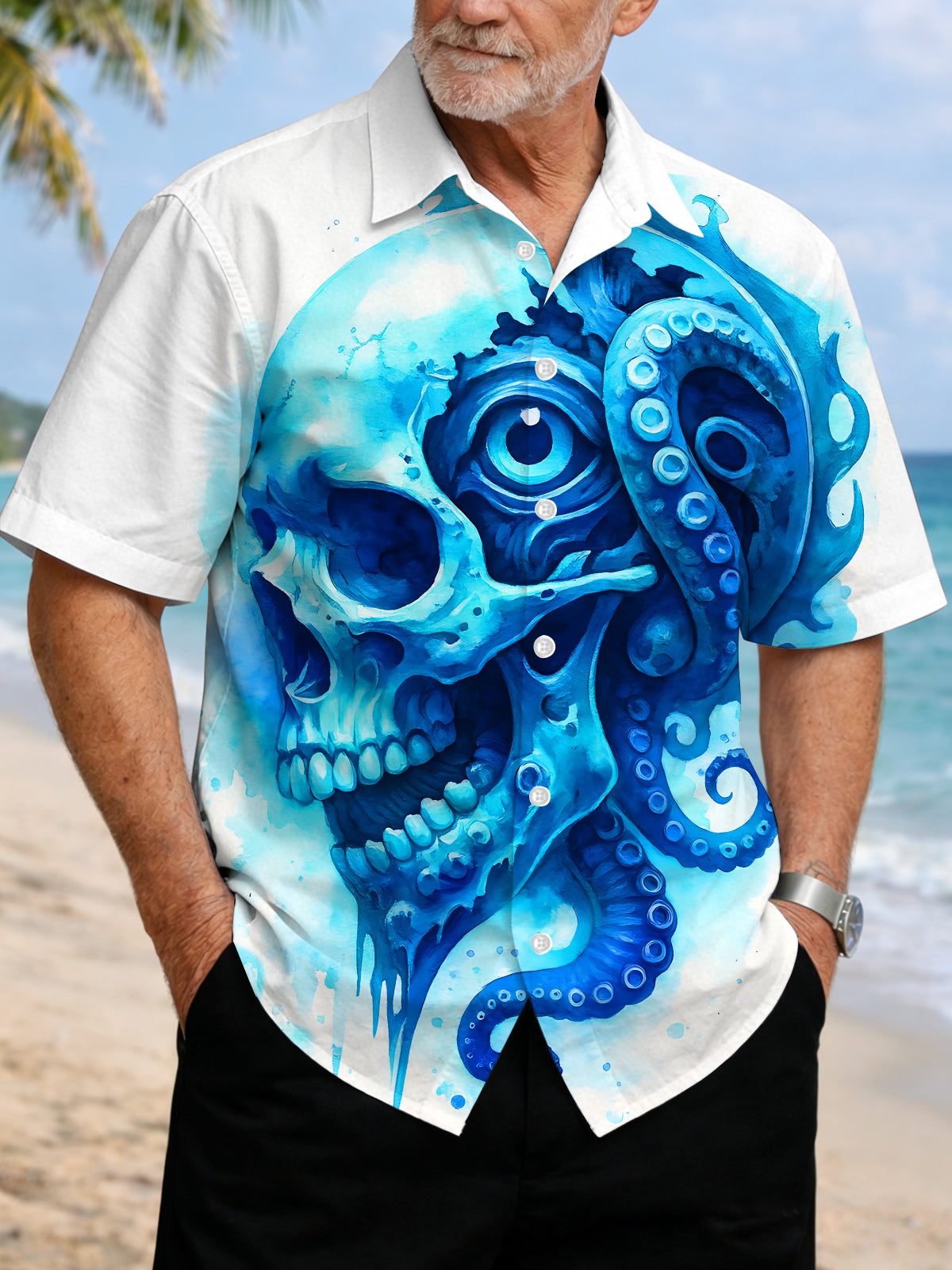 men's blue Hawaiian shirt front view tropical beach vacation