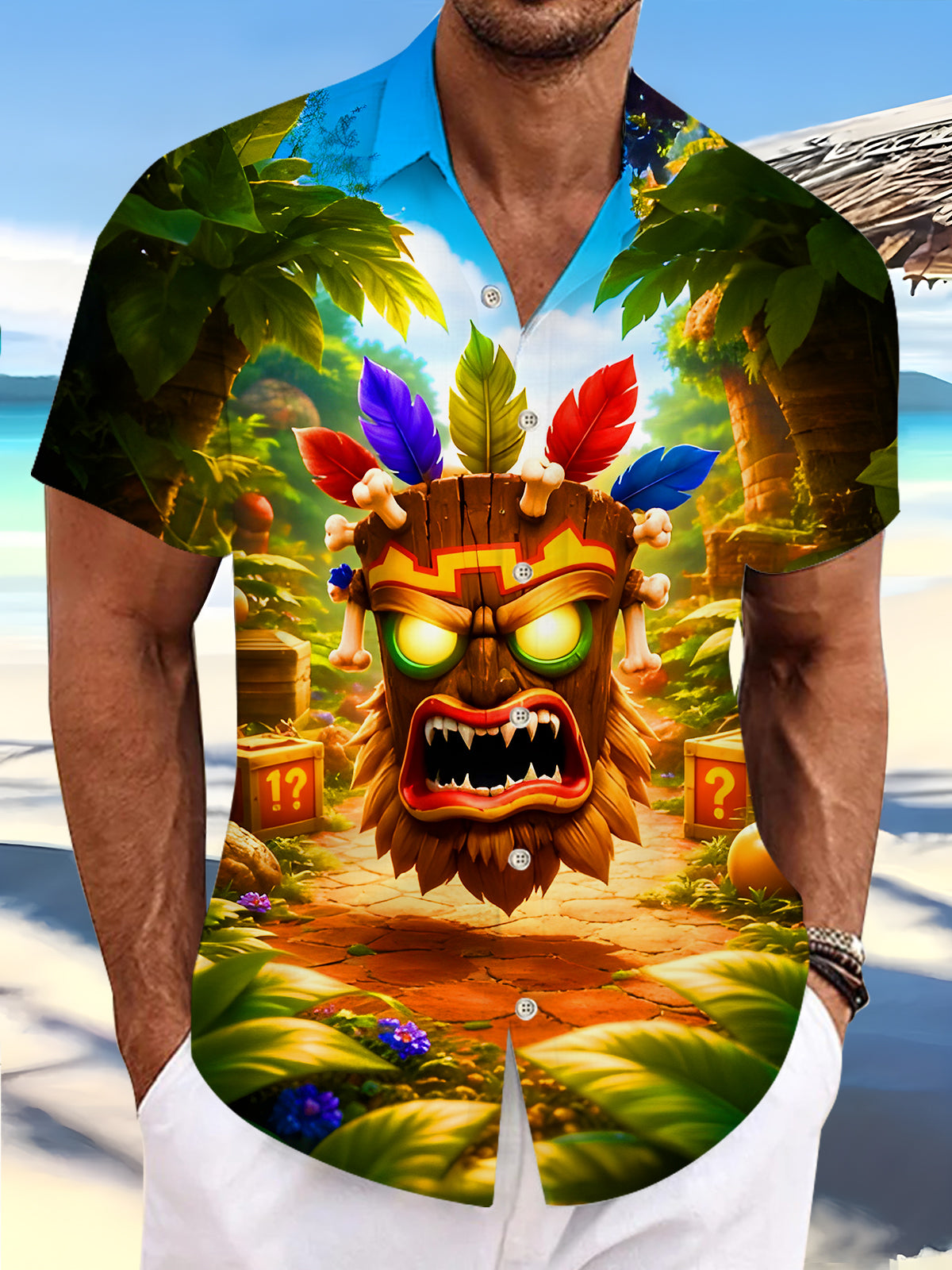 men's Hawaiian shirt front view tropical beach vacation