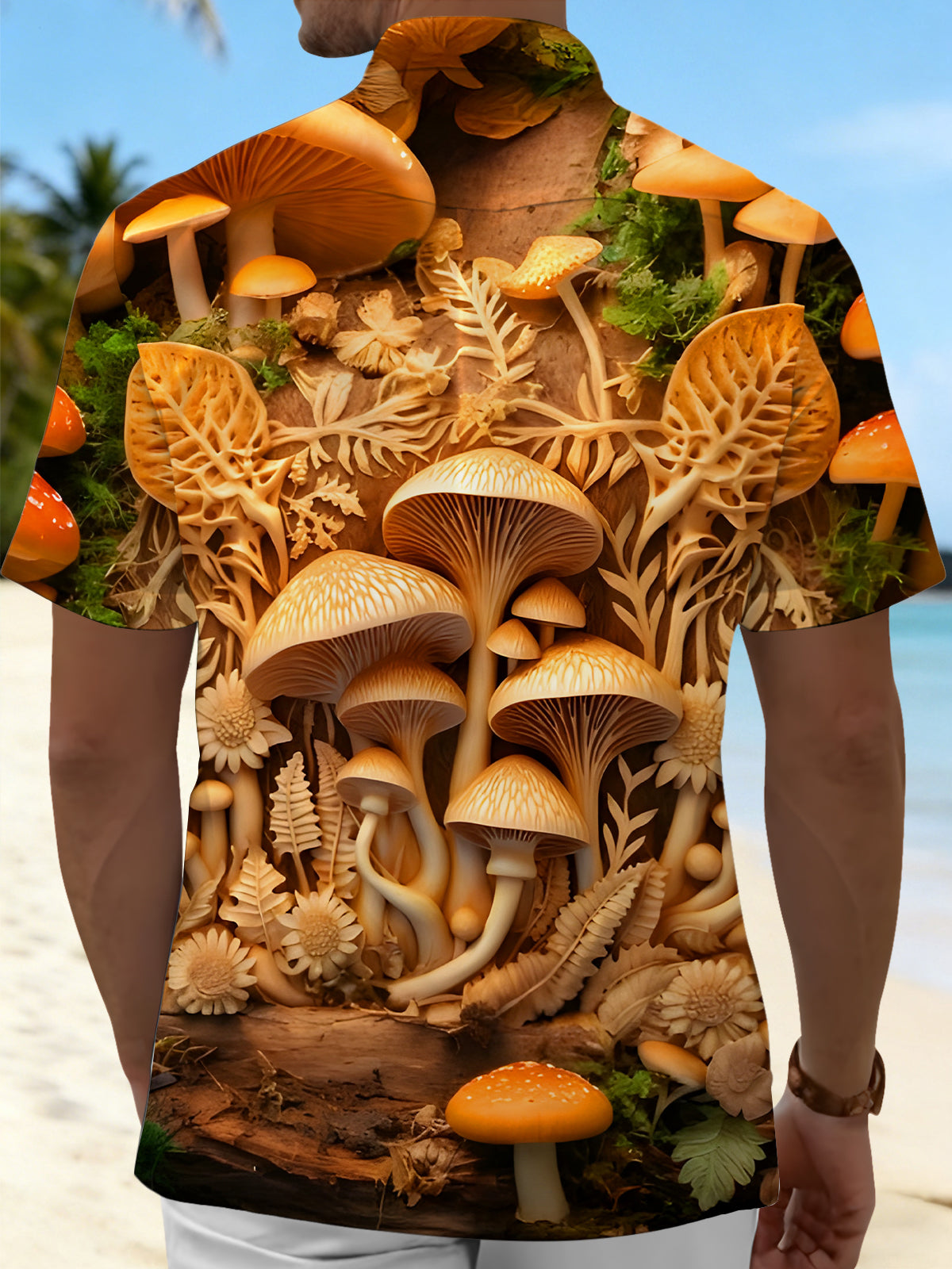 Men's fantasy forest mushroom landscape relief short sleeve shirt back view