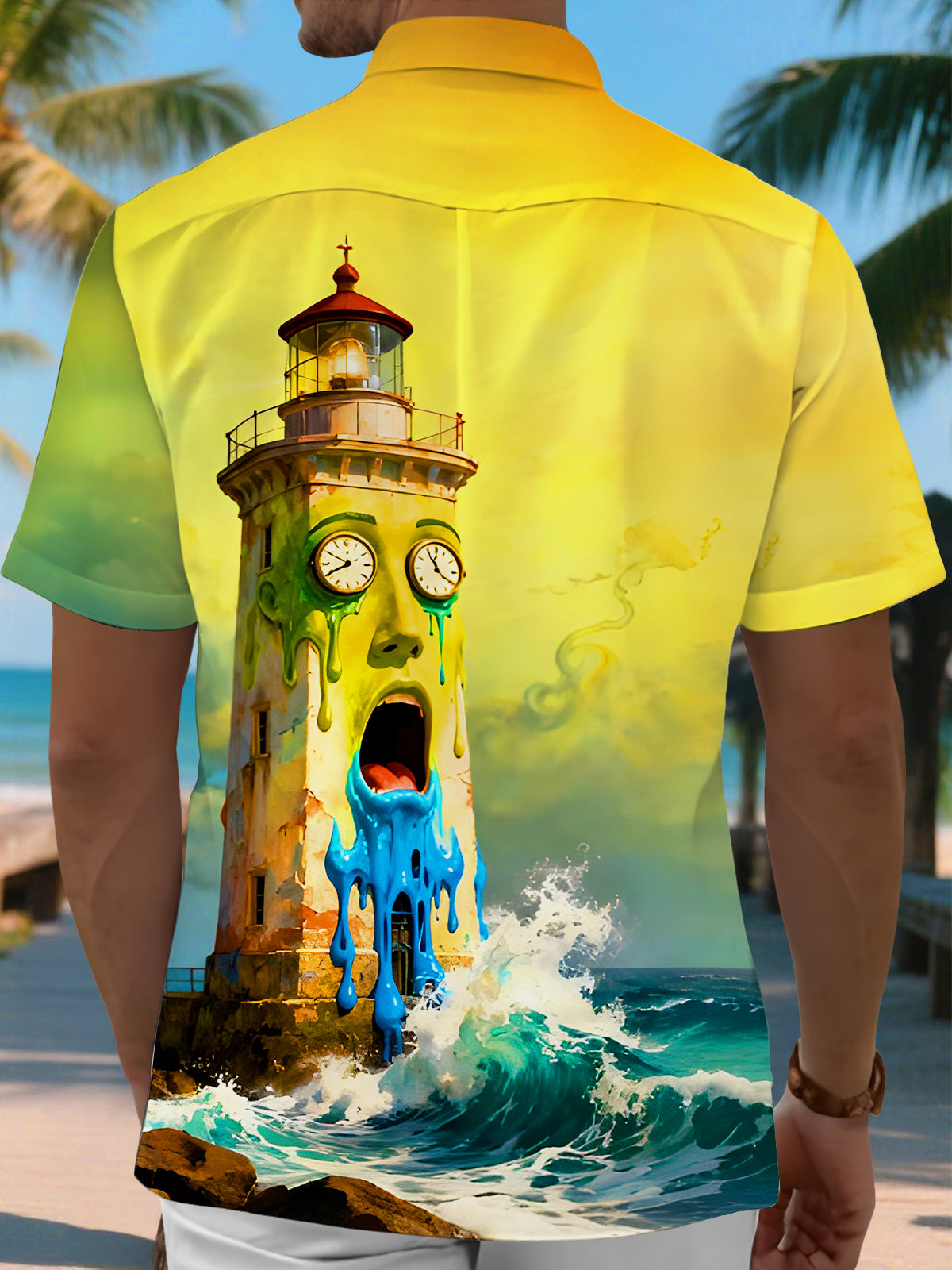men's fun tearful face lighthouse pocket short sleeve shirt back view