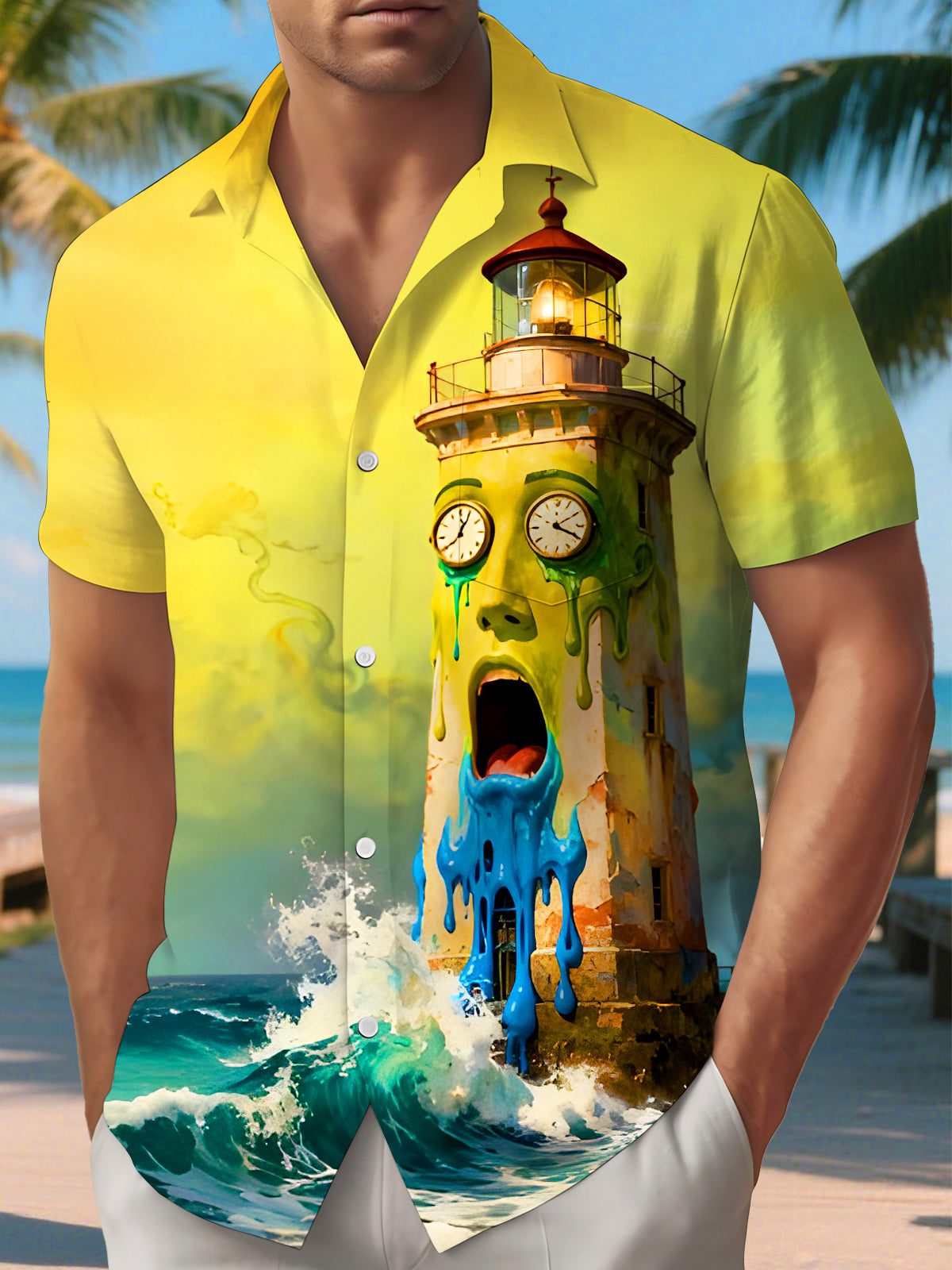 Men's short sleeve shirt with lighthouse pattern front view