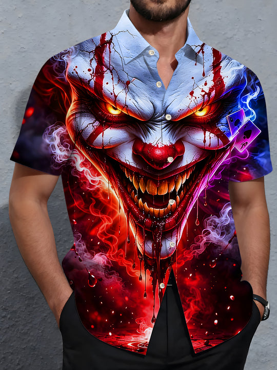 men's dark red terrifying joker short sleeve shirt front view
