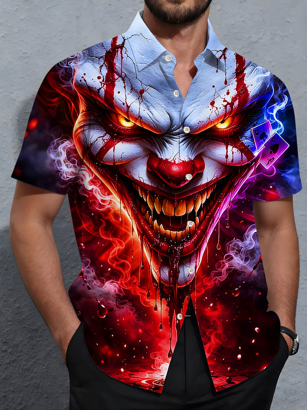 men's dark red terrifying joker short sleeve shirt front view