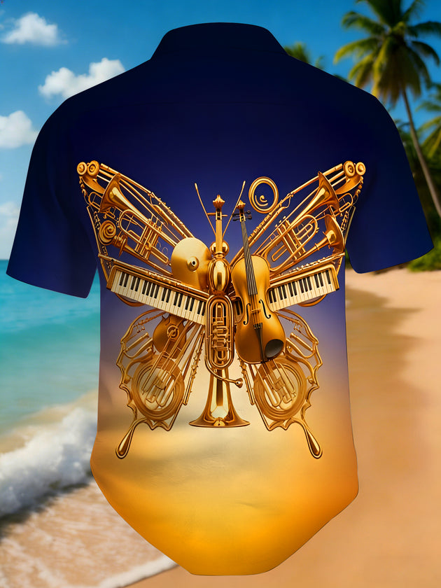 men's golden butterfly music print short sleeve shirt back view