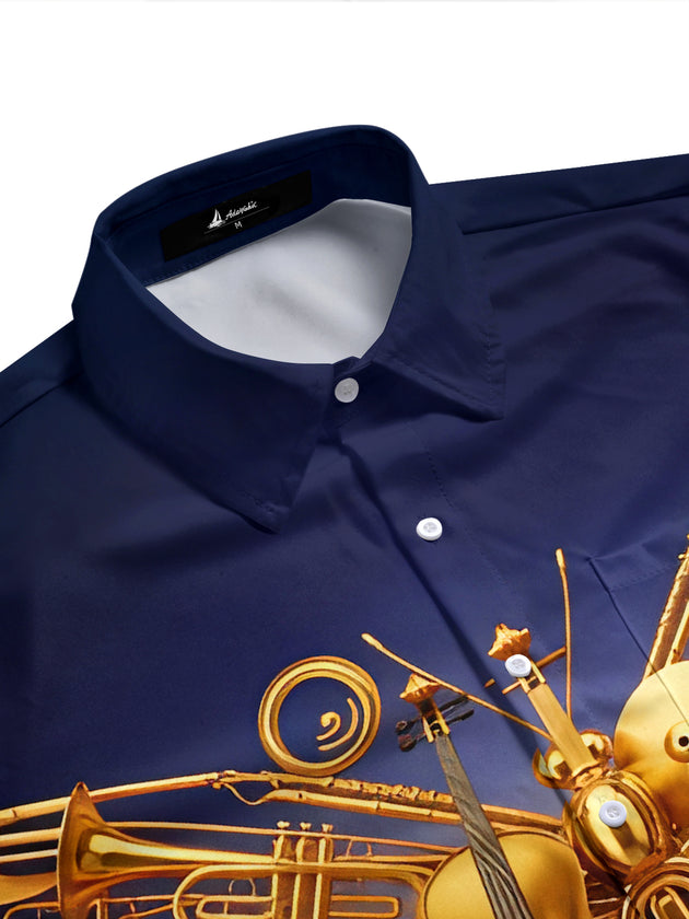 Men's golden short sleeve shirt with butterfly and guitar print, three-quarter view