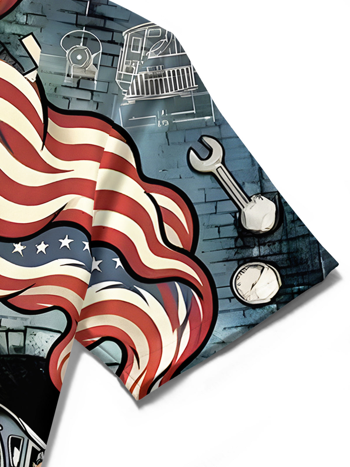 men's American flag print shirt close-up short sleeve