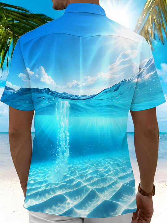 Men's blue Hawaiian print short sleeve shirt back view