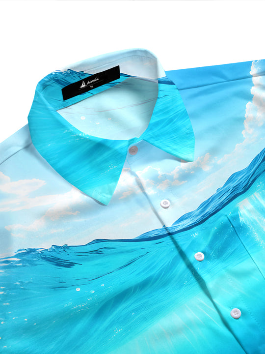 Men's ocean blue Hawaiian aloha short sleeve pocket shirt side view