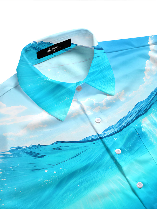 Men's ocean blue Hawaiian aloha short sleeve pocket shirt side view