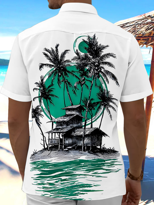 Men's Hawaiian coconut tree pocket short sleeve shirt back view
