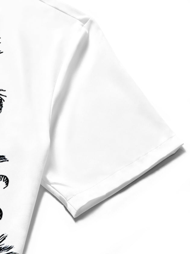 men's tropical coconut tree print short sleeve shirt close-up detail