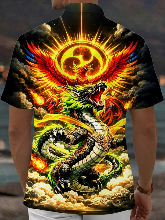 Men's dragon print short sleeve shirt back view