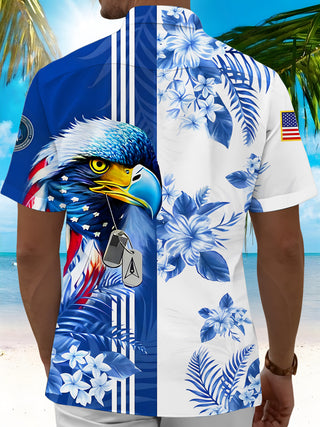 Men's blue floral eagle print short sleeve shirt back view