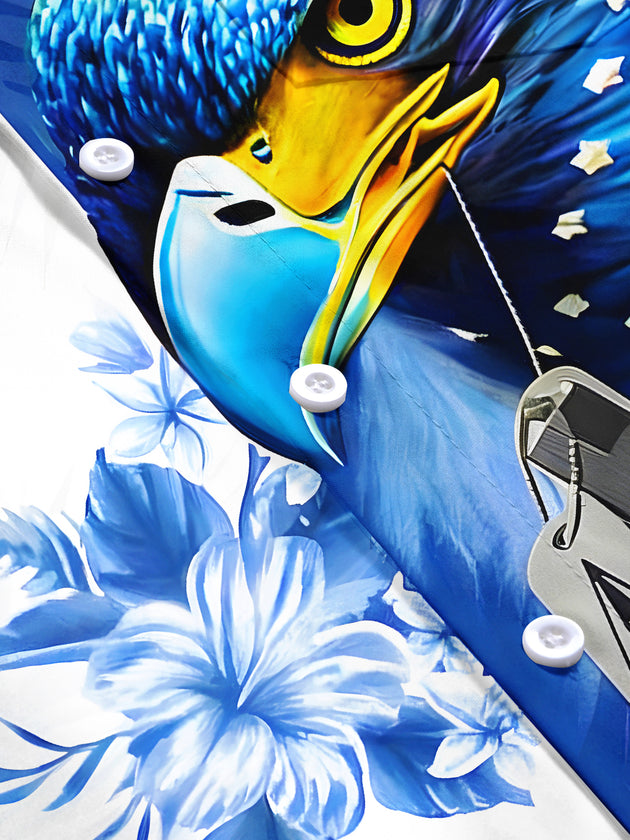 Men's blue eagle print floral short sleeve shirt flat lay pattern detail