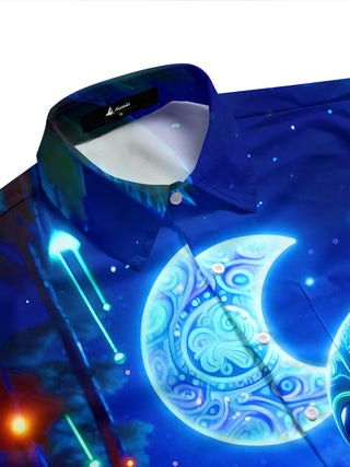 men's short sleeve shirt side view featuring dark neon mushroom forest alien pattern