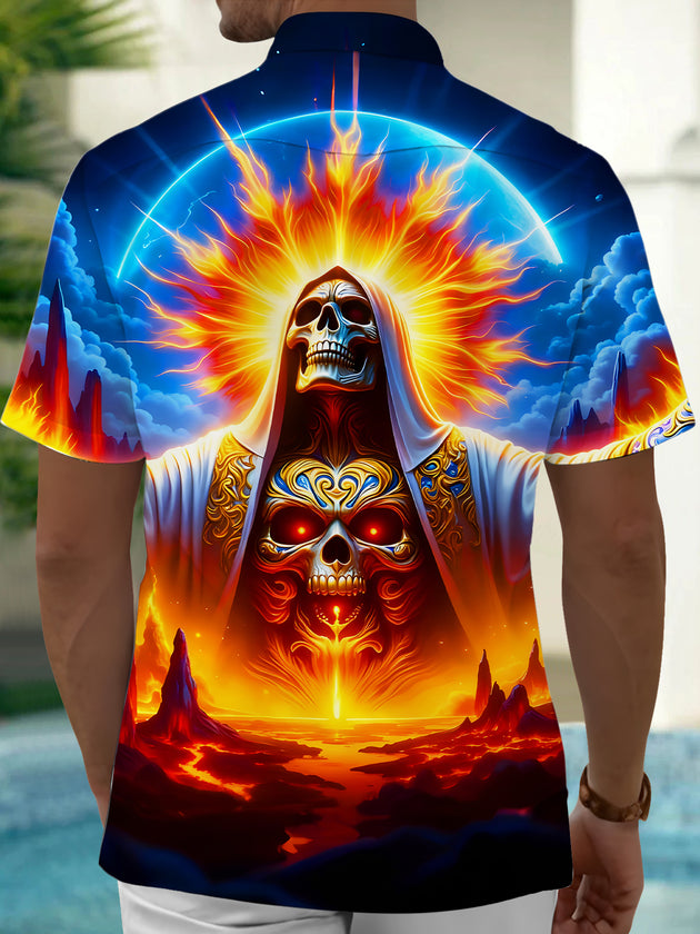 Men's black skull print short sleeve shirt back view