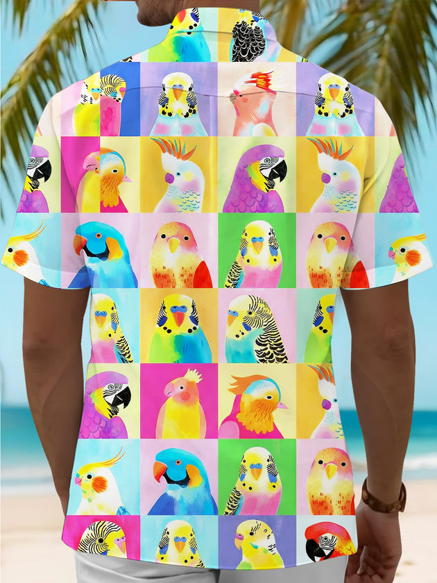 Men's colorful Hawaiian parrot grid art short sleeve shirt back view