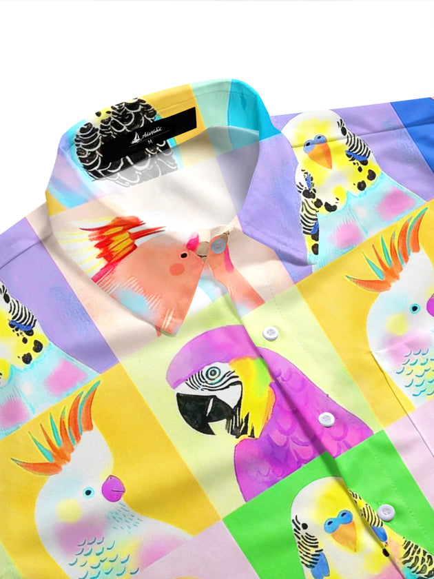 Men's vibrant aloha parrot grid art short sleeve shirt side view
