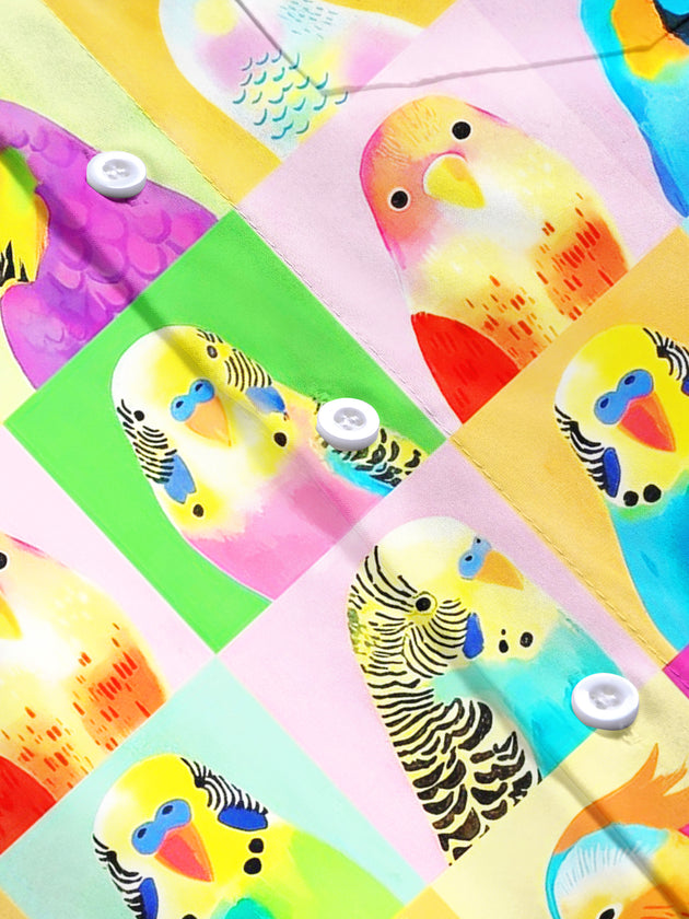 Men's colorful Hawaiian parrot grid art print short sleeve shirt flat lay