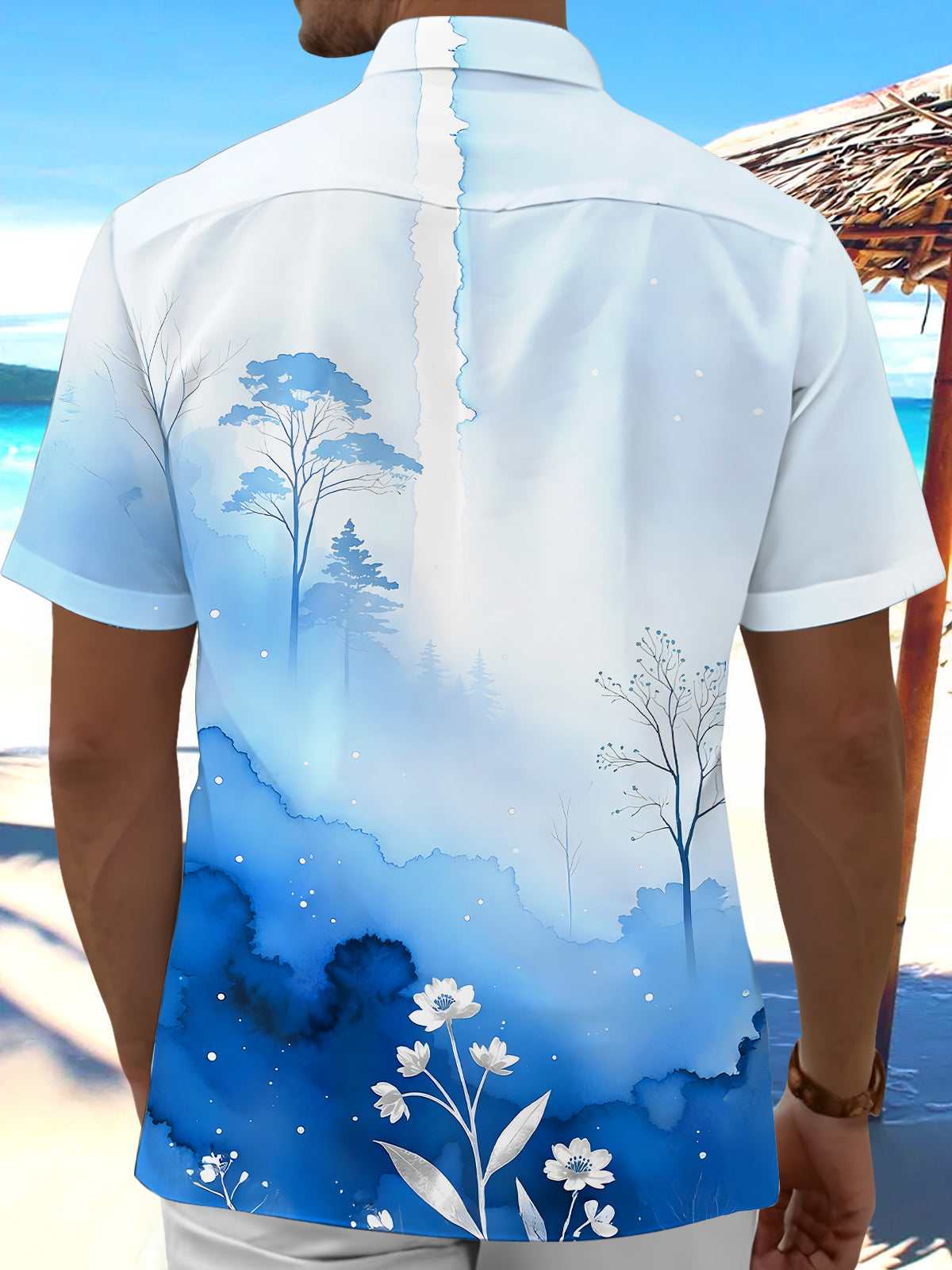 men's blue painted print shirt back view