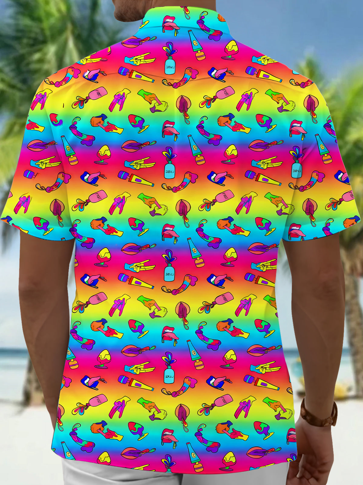 men's colorful aloha shirt back view