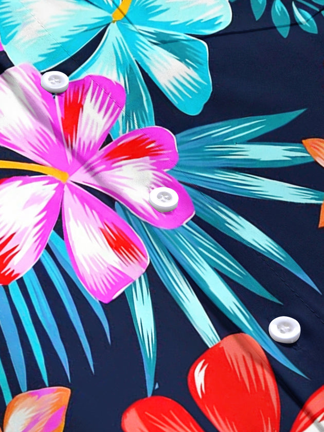 Men's Hawaiian floral short sleeve shirt flat lay view focusing on pattern details